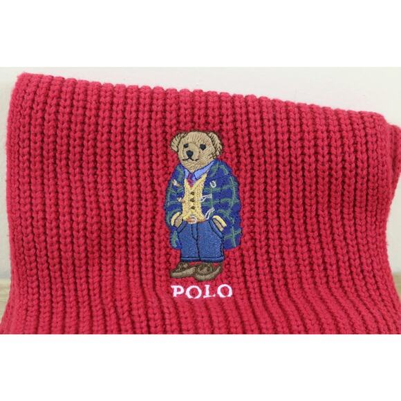 Polo Ralph Lauren Scarf Mens Red Ribbed Wool Blend Winter Toggle Coat Bear Logo - Picture 2 of 6
